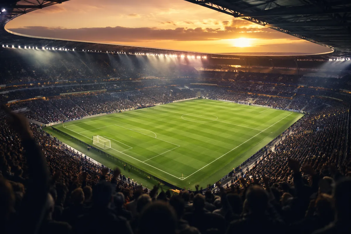 High-angle shot of a professional football stadium at dusk, empty green pitch, bright floo
