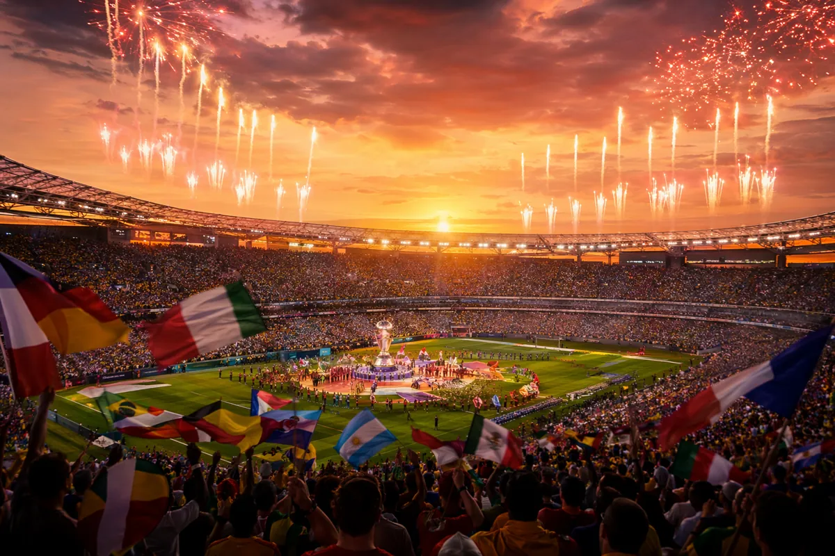 A wide shot of a vibrant World Cup opening ceremony scene, with colorful fireworks above a