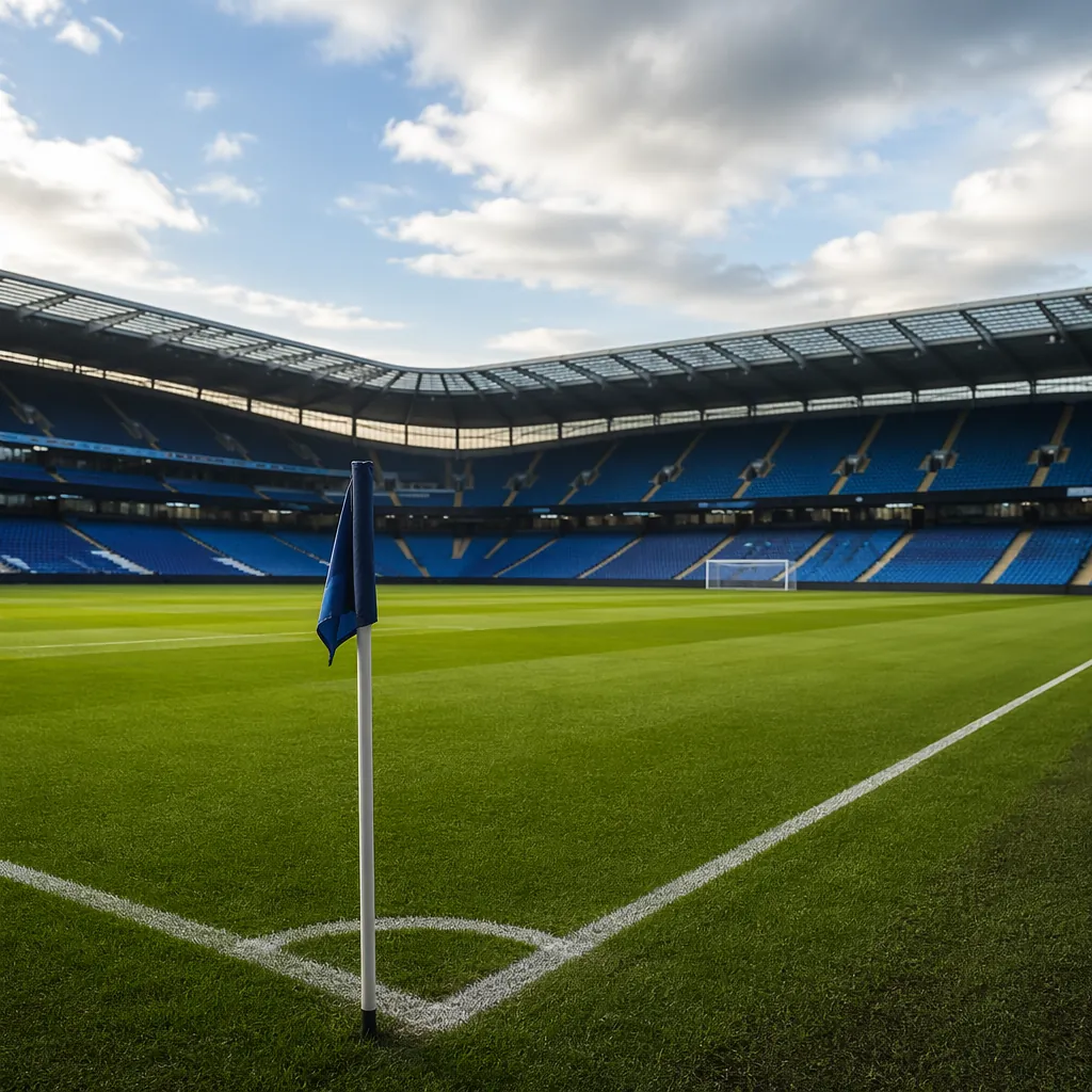 Wide shot of a well-maintained professional football pitch, corner flag in the f