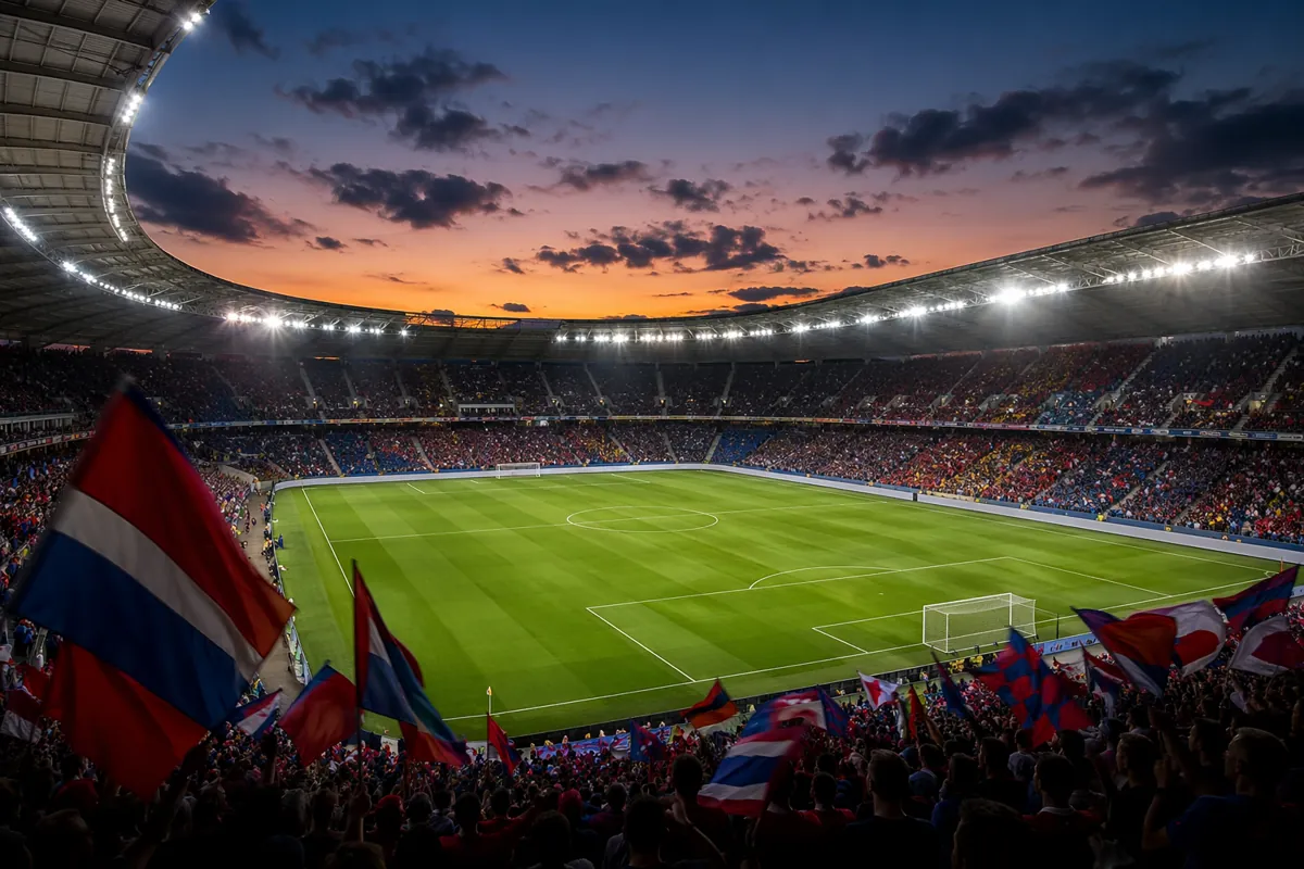 Wide shot of a modern football stadium at dusk, bright stadium lights illuminating the gre