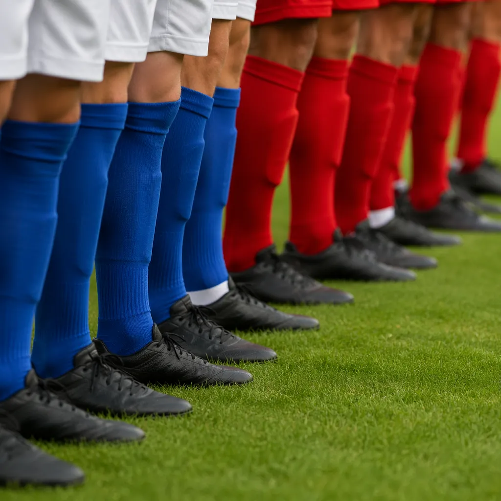 Close up of football players' legs wearing match kits lined up on green grass, n