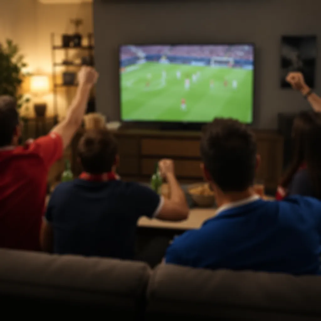 Blurred shot of a living room with football fans sitting on a couch watching a f