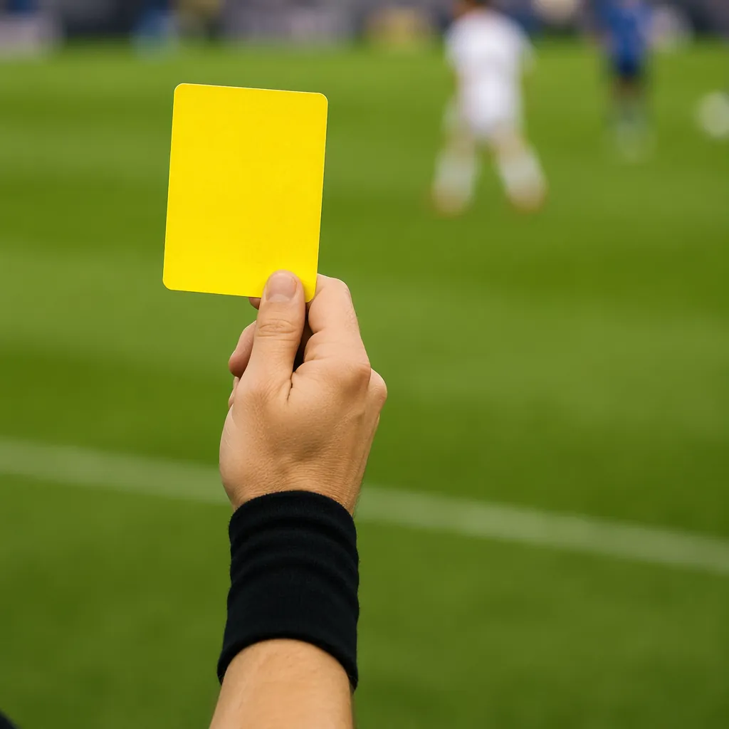 Close up of a yellow card held by a referee's hand on a green soccer pitch, blur