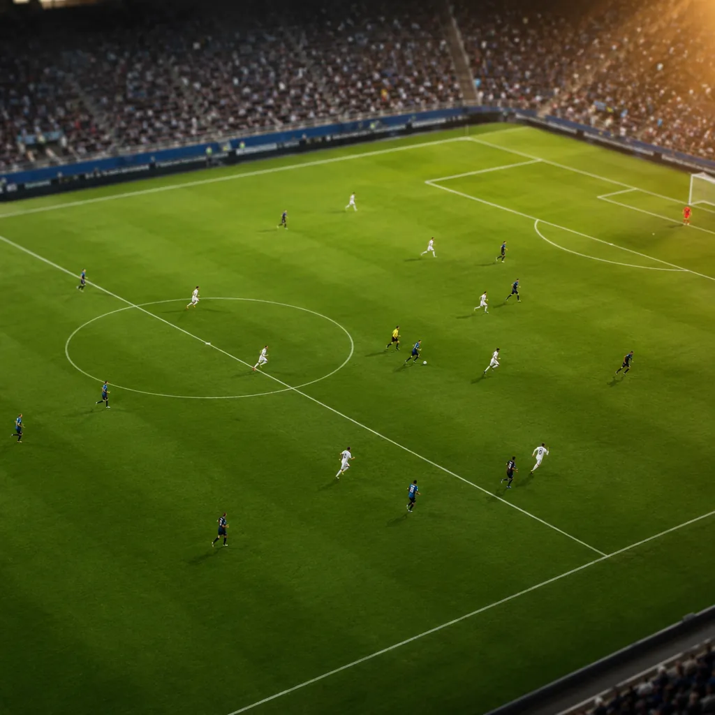 High angle shot of a soccer field with players running during an intense match,