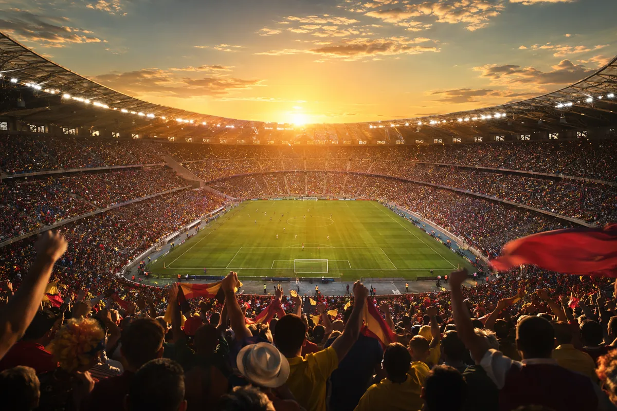 A panoramic shot of a packed World Cup football stadium at sunset, with golden light illum