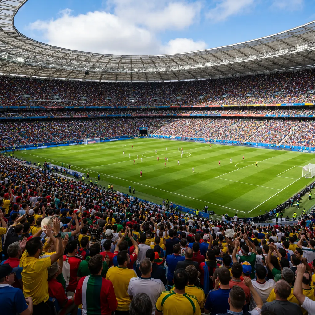 Wide shot of a packed World Cup stadium during daytime match, fans wearing color