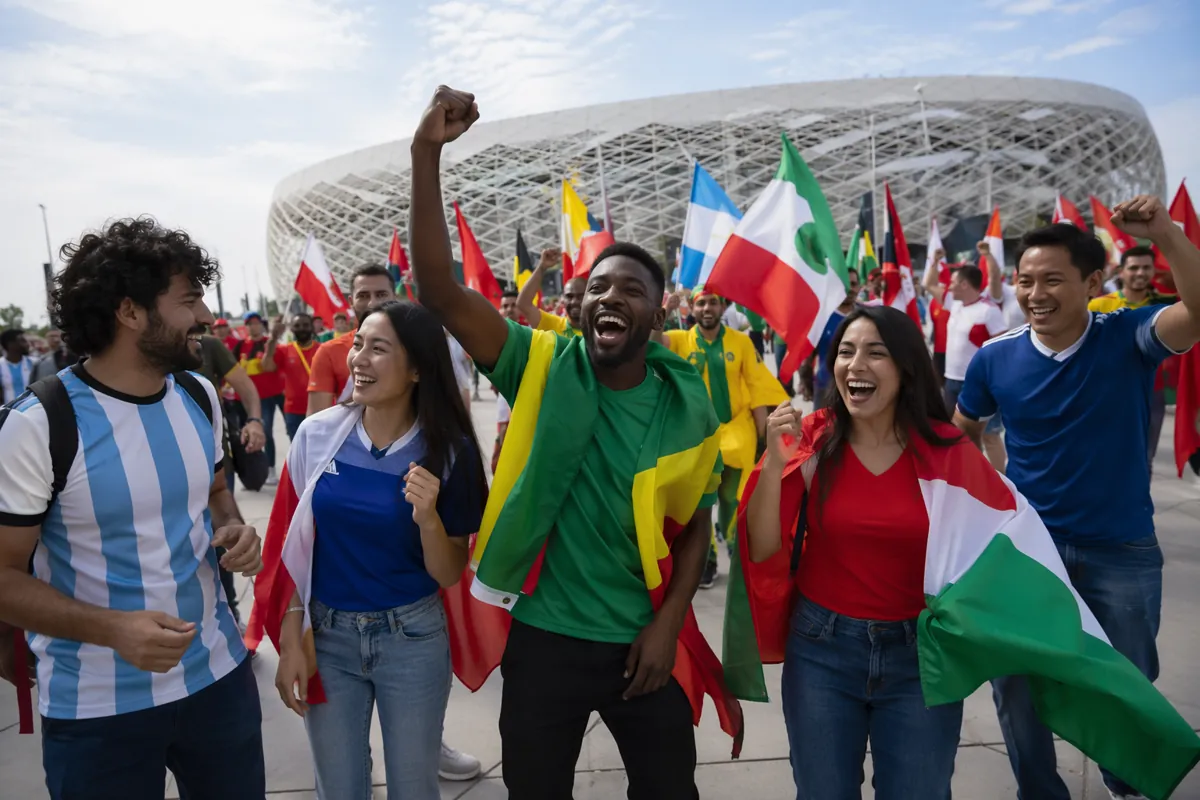 Professional news photo of diverse football fans of various ethnic backgrounds gathering o