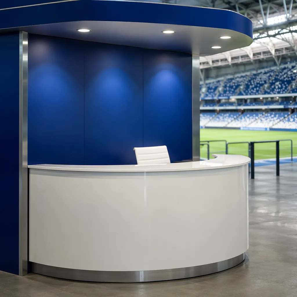 Close-up of a clean, unbranded information booth inside a World Cup stadium, emp