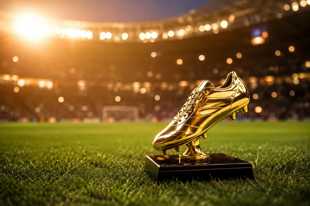 Professional sports news header image, golden football boot trophy placed on green soccer