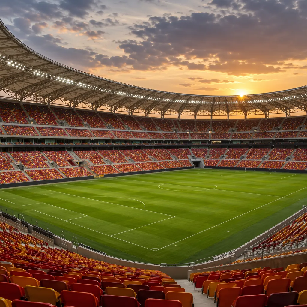 Wide shot of modern World Cup soccer stadium at sunset, empty green pitch, rows