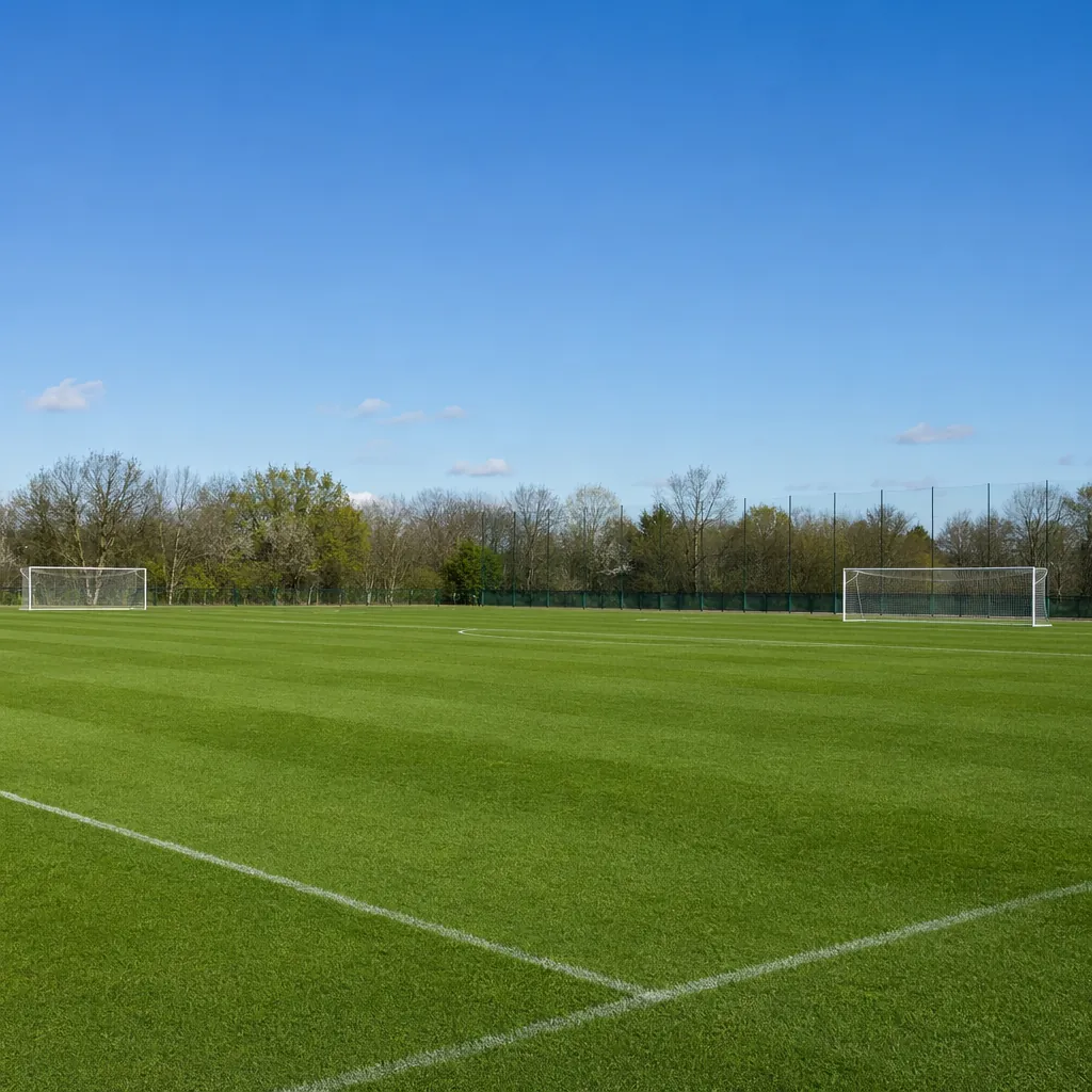 Wide shot of empty generic football training pitch with green grass and goalpost