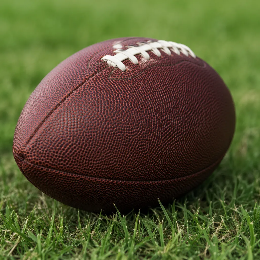 Close up of a generic leather football resting on grass, soft natural daylight,