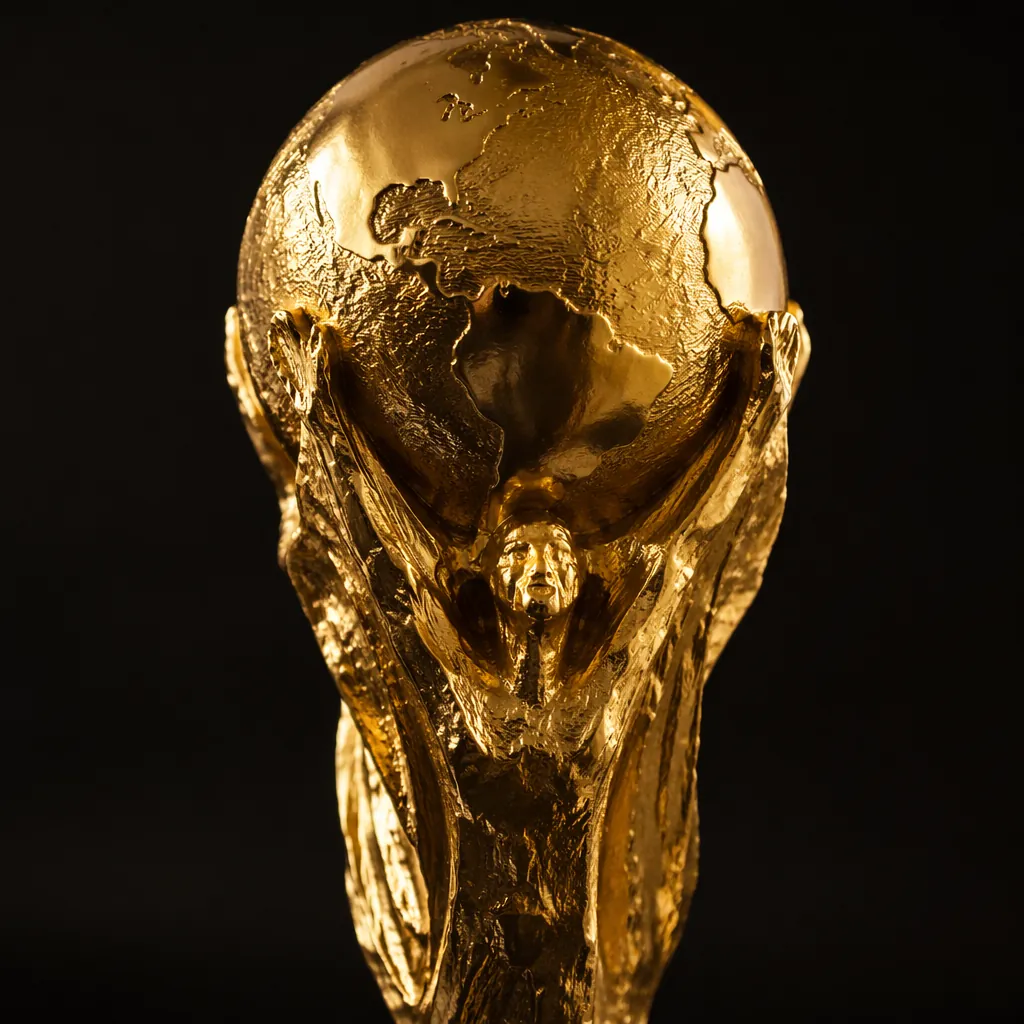 Close up of a golden World Cup trophy replica on a dark background, soft lightin
