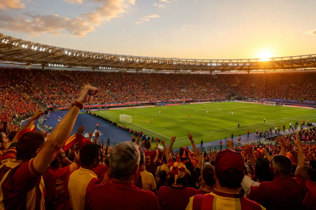 Wide shot of a professional football stadium during sunset, packed with cheering fans wear