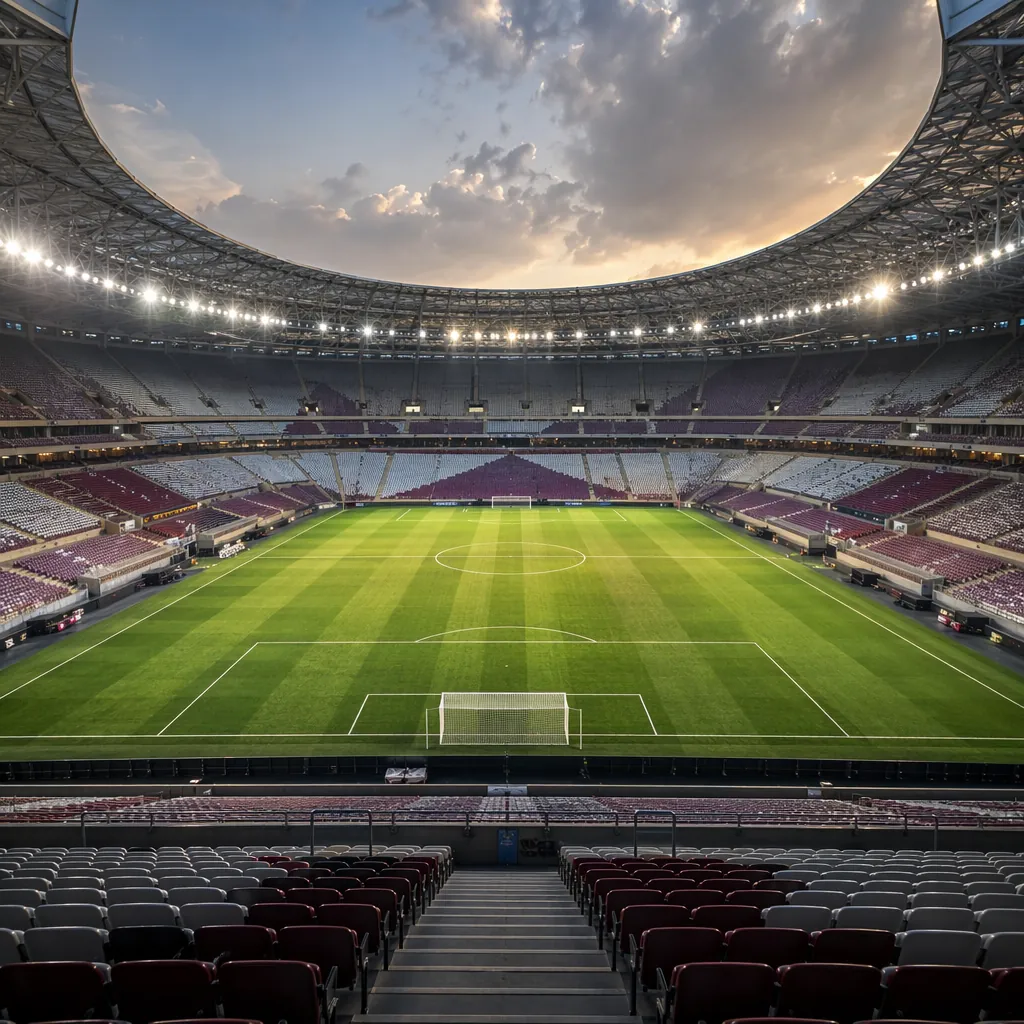 Wide shot of a modern FIFA World Cup stadium interior with empty seats and flood