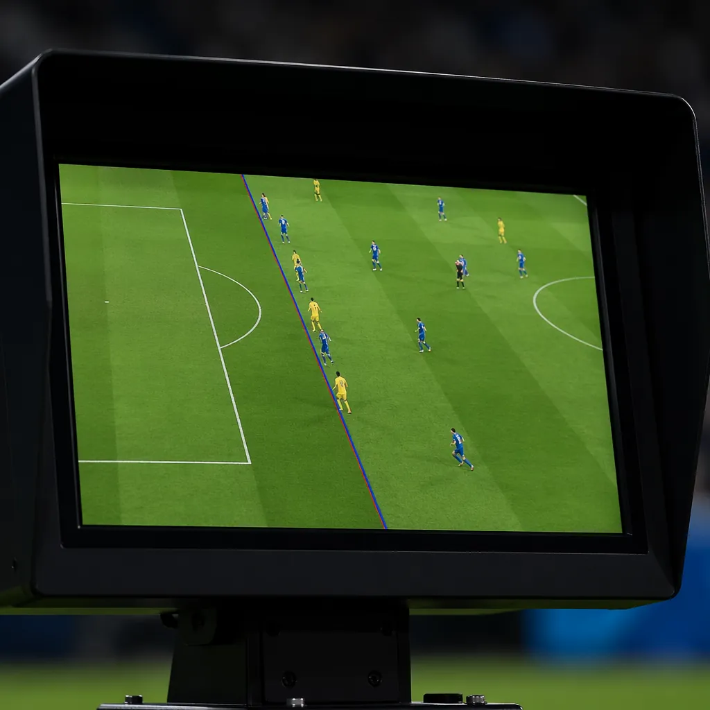Close-up of a VAR monitor displaying generic offside line markings on a soccer f