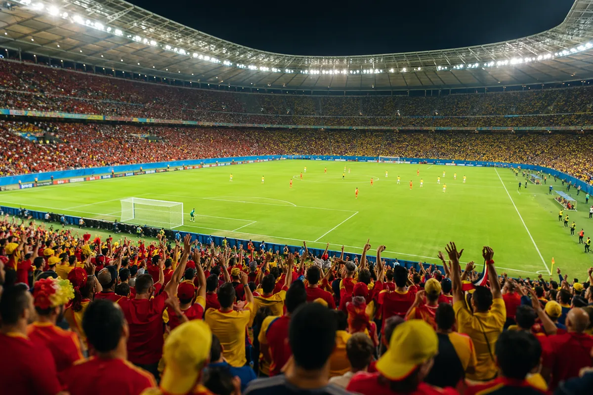 Wide shot of a professional soccer stadium during a World Cup match, bright stadium lights