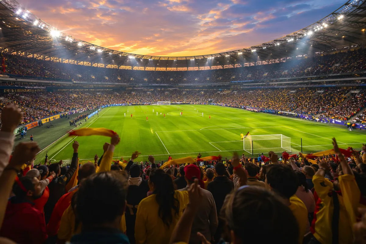 Wide shot of a modern professional football stadium at golden hour, bright floodlights ill
