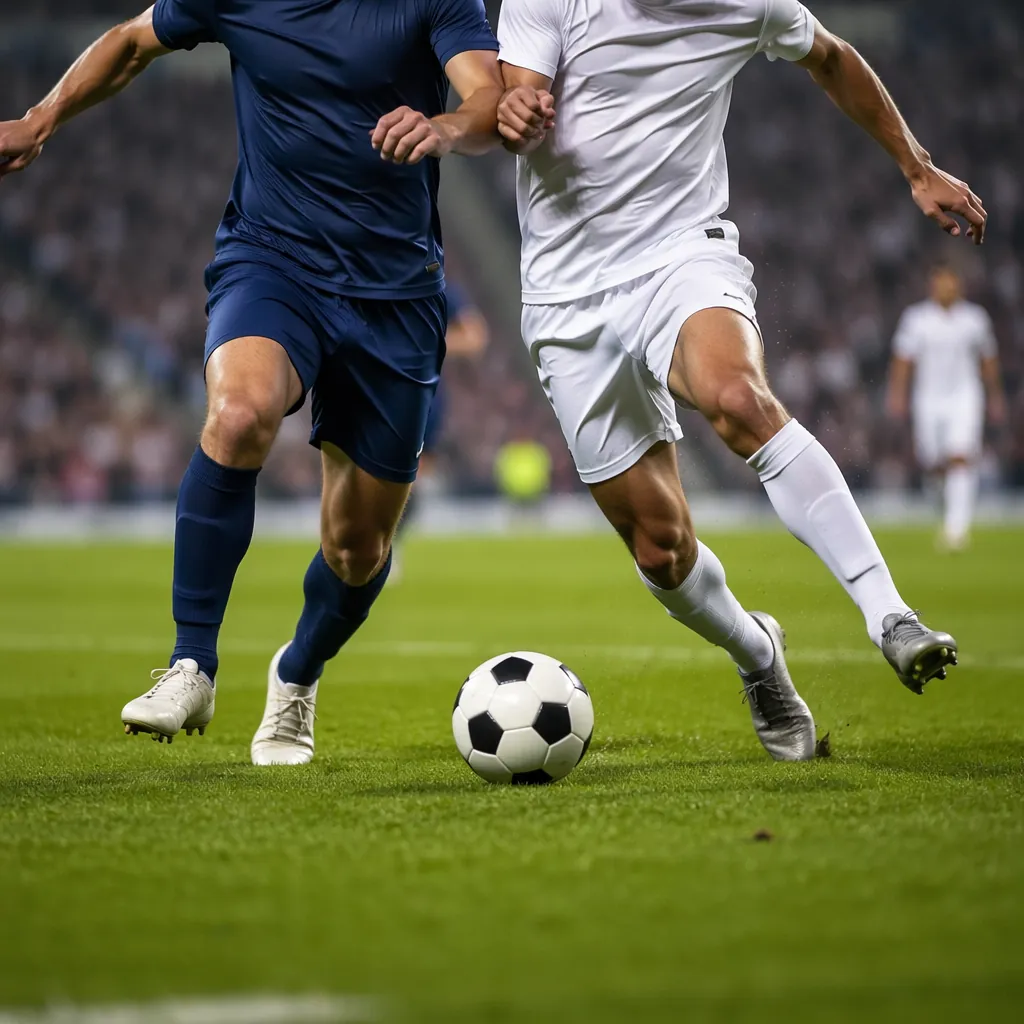 Dynamic action shot of two unbranded generic football players competing for the