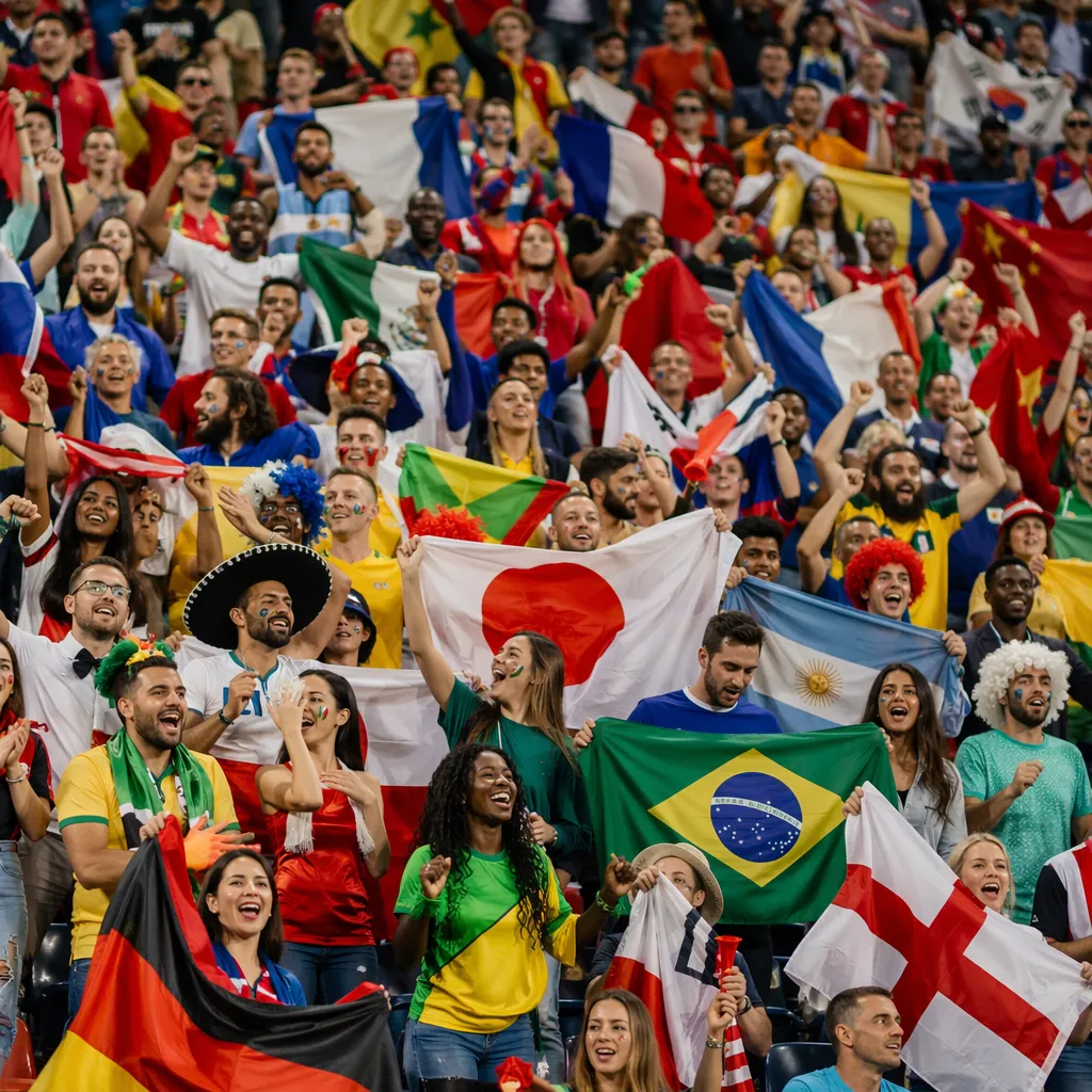 Wide shot of diverse football fans waving national flags and cheering in stadium