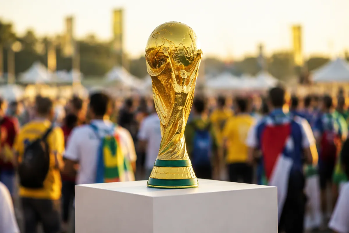 A golden World Cup trophy displayed on a white pedestal in a sunny outdoor event space, bl