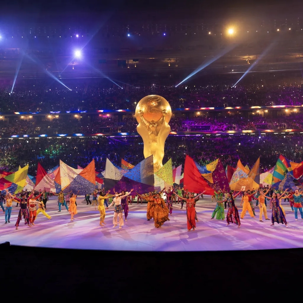 Wide shot of a World Cup opening ceremony rehearsal with colorful stage lights,