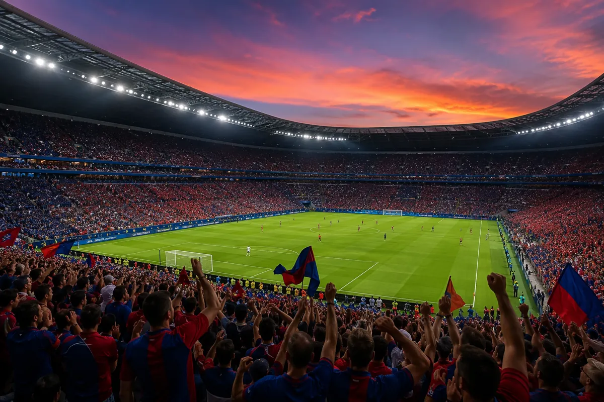 Wide shot of a modern professional football stadium at dusk, packed with cheering fans wea