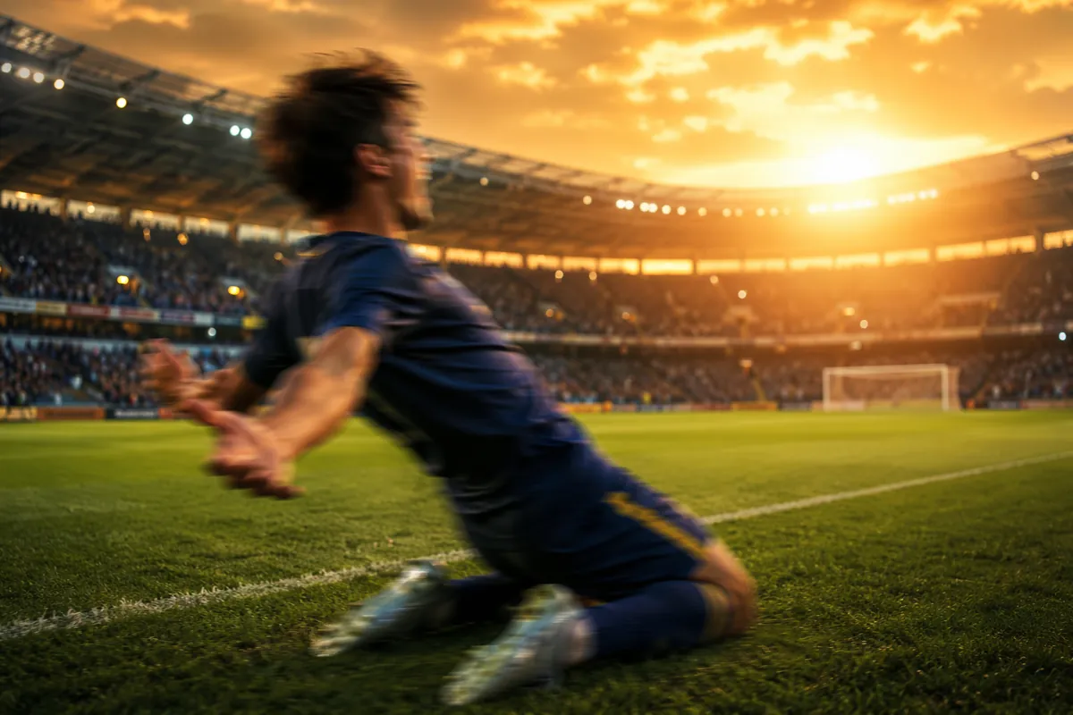 Editorial sports header image, blurred young football player celebrating a goal on green p