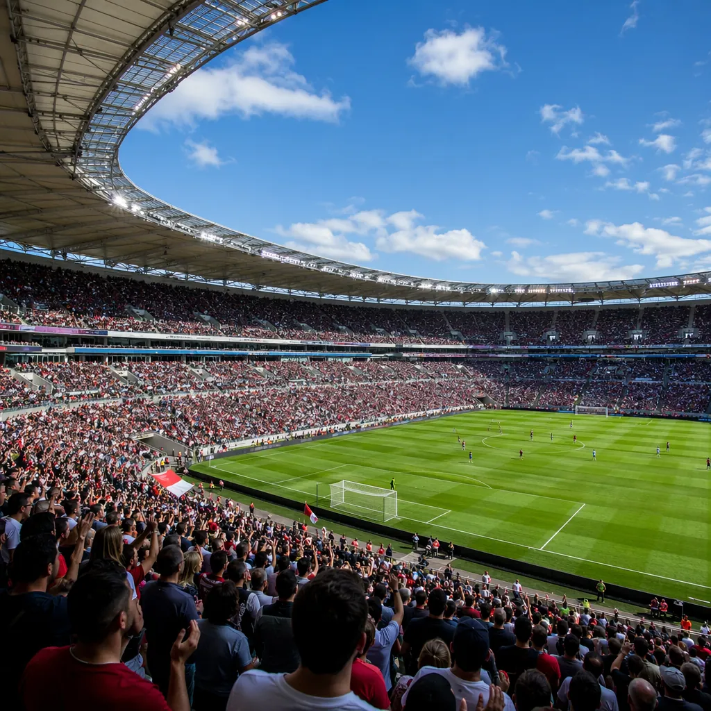 Wide shot of a modern multi-purpose football stadium with vibrant crowd in stand