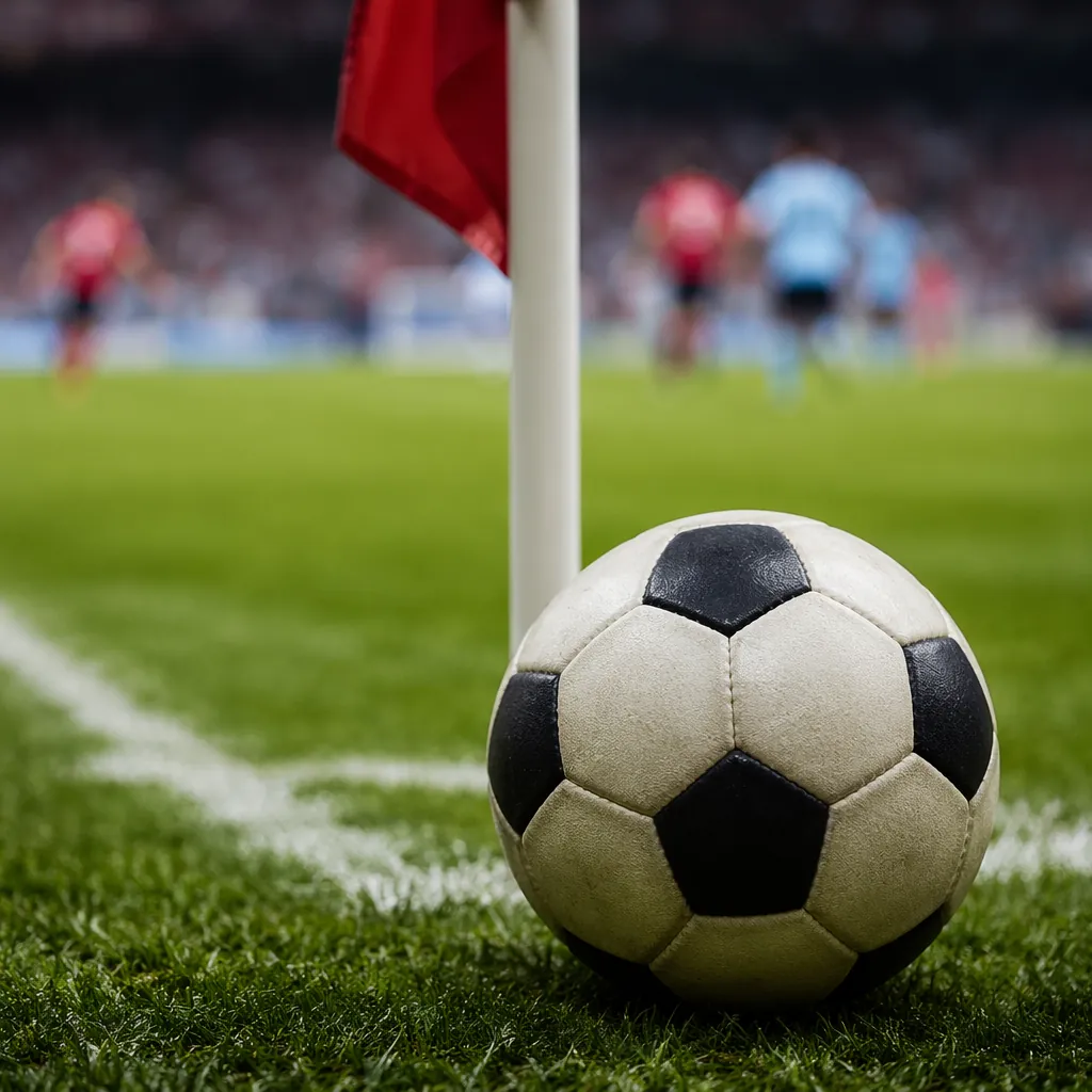 Close up of a classic football resting on green grass near corner flag, blurred