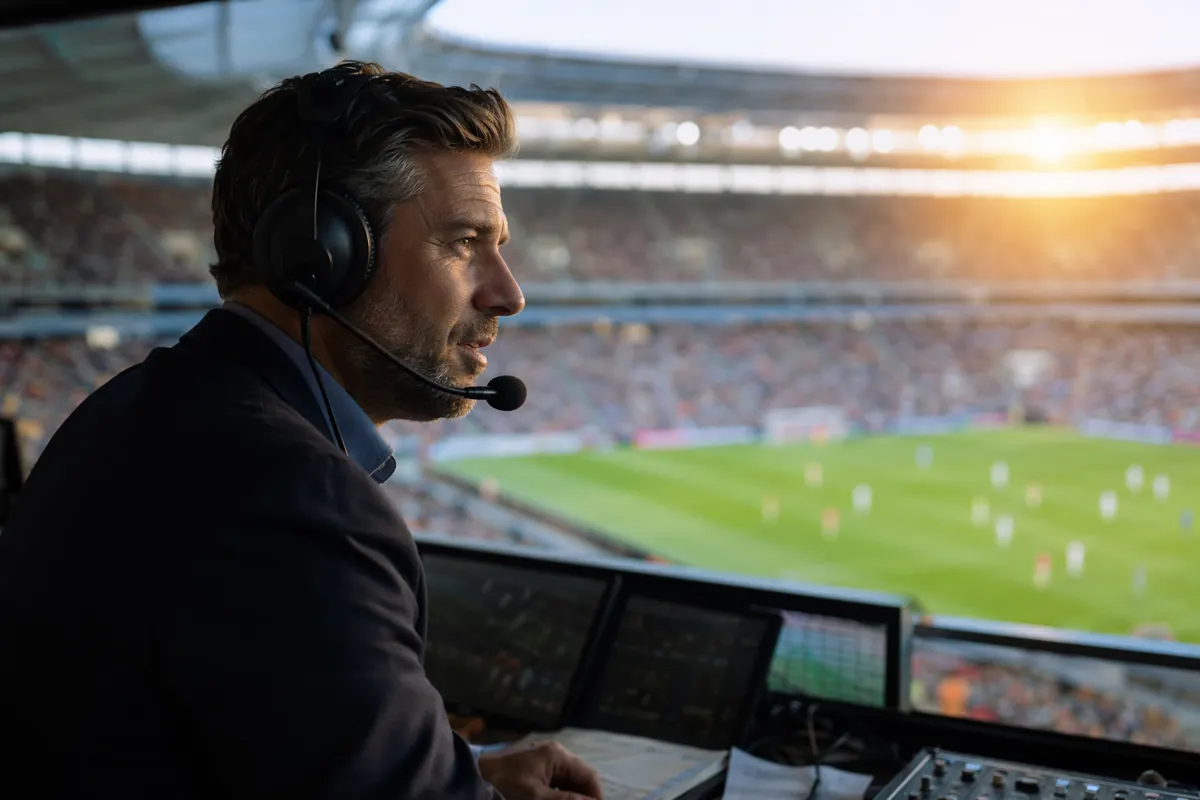 Professional football commentator sitting in a broadcast booth overlooking a modern footba