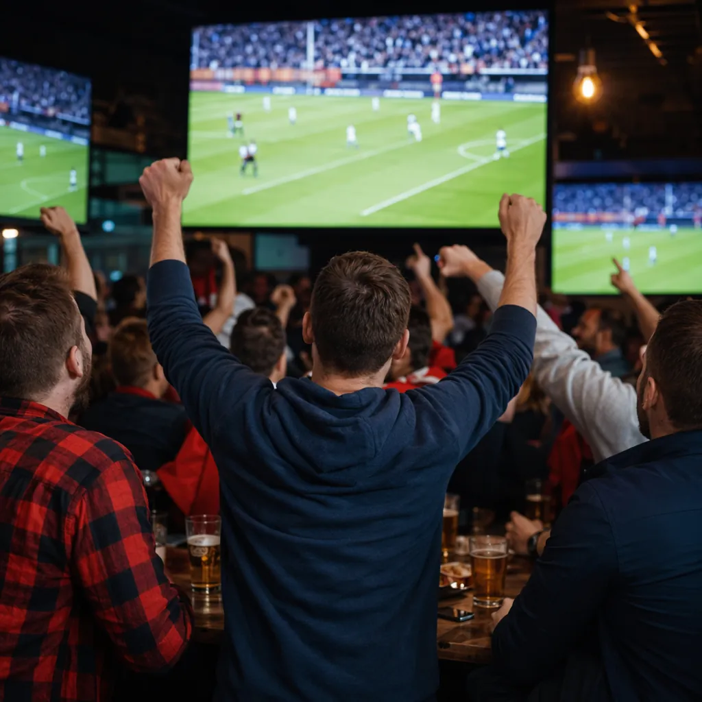 Group of football fans gathered in a casual sports bar watching a football match