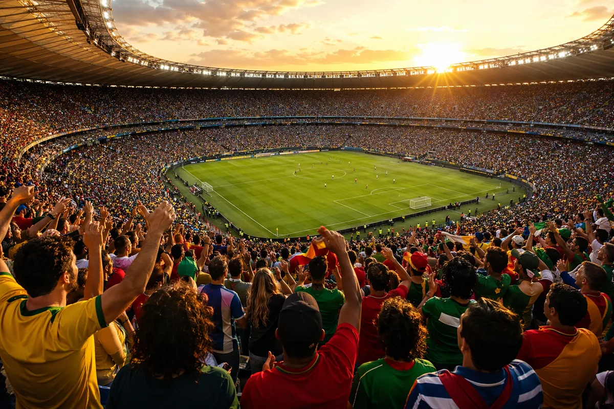 Wide shot of a packed World Cup football stadium at golden hour, with cheering fans in col