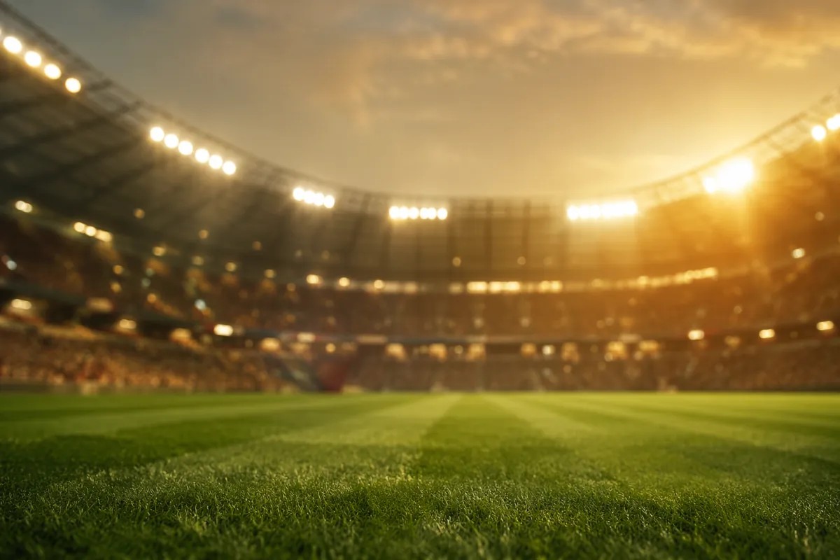Professional sports news header image, blurred green football pitch background with bright