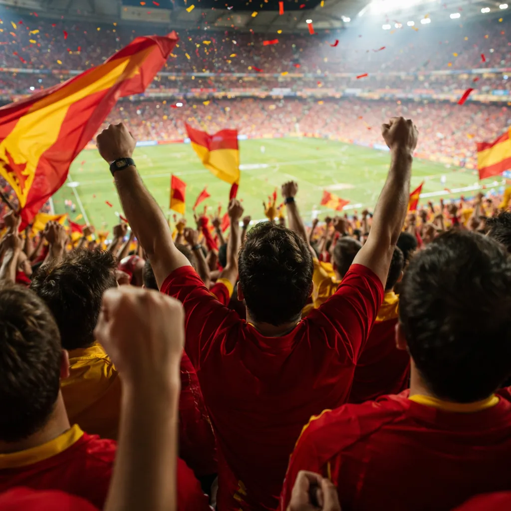 Atmospheric shot of football fans wearing red and yellow jerseys cheering in sta