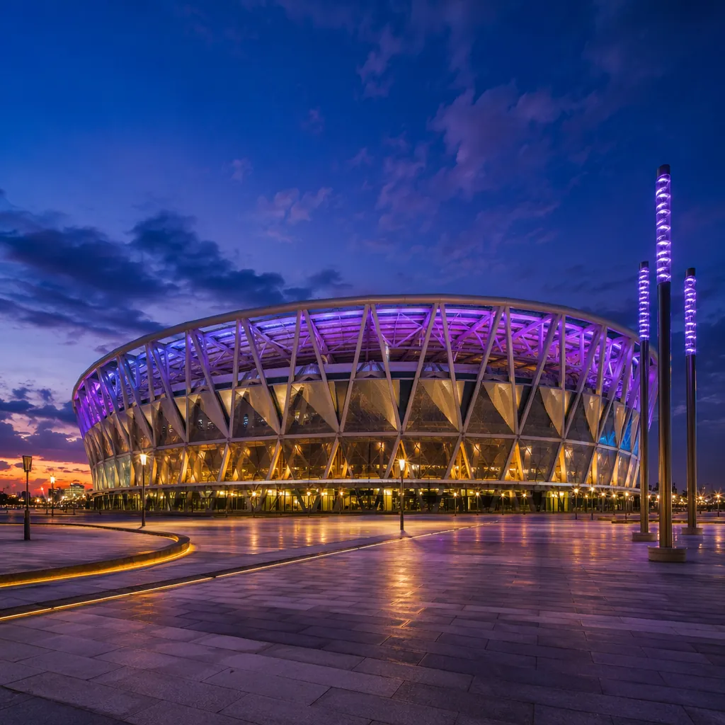 Wide shot of modern football stadium exterior at dusk, bright neon lighting, fes